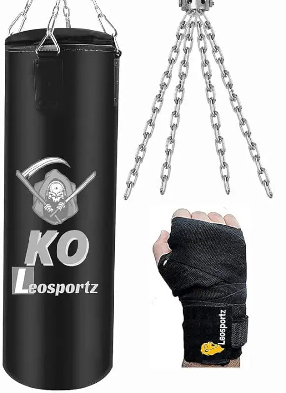 Punching Bag Set with Boxing Wraps - Heavy Punching Bags for Boxing, Judo, Kickboxing | Boxing Bag Made of PU for Men (Black PU Unfilled, 4.00)