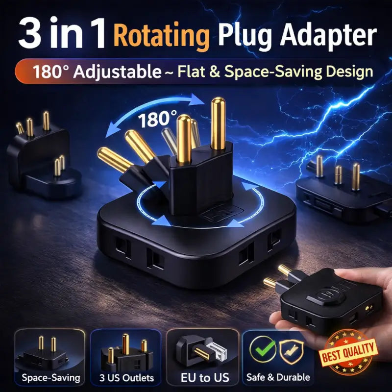 3 in 1 Universal Rotating Plug Adapter 180 Degree Multi Angle Power Converter with 3 Sockets for Home and Travel