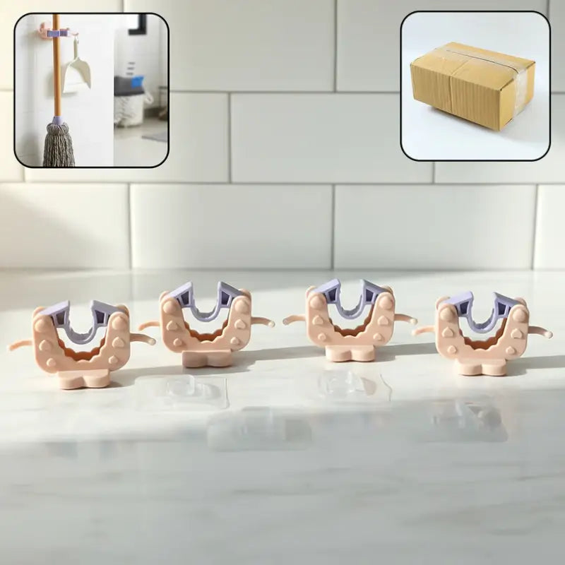 Wall Mounted Broom & Mop Holder Clips with Strong Adhesive for Home Organization (4 Pc Set)