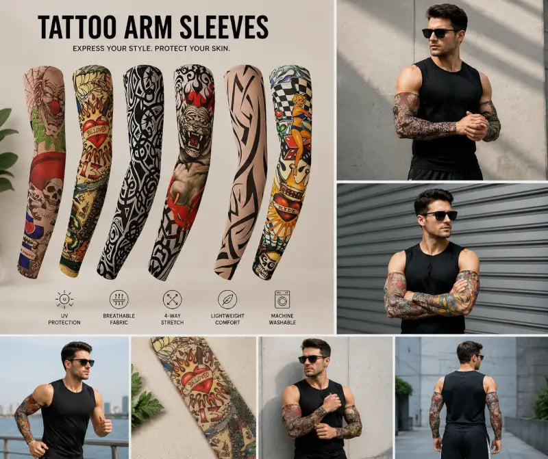 Fake Tattoo Printed Arm Sleeves – Stretchable UV Protection Arm Cover (6 Pairs)